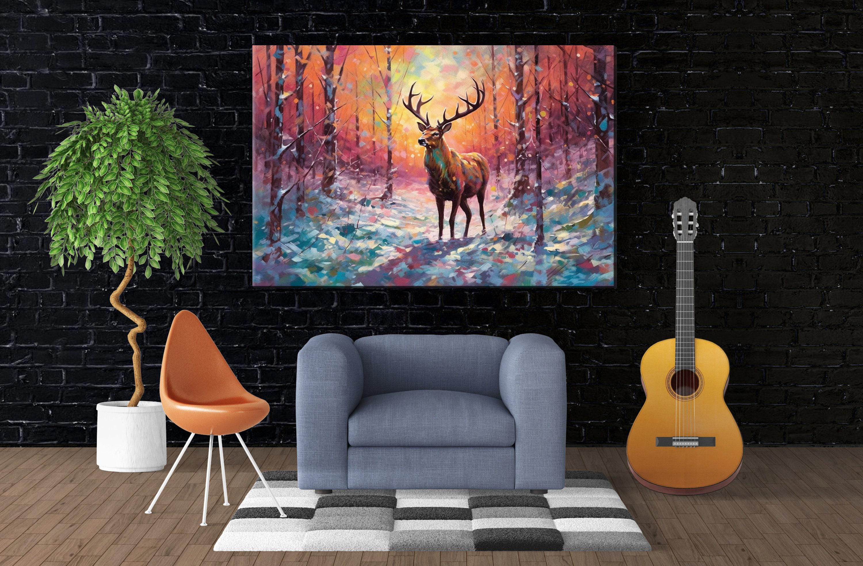 Reindeer Canvas Art - Snowy Winter Landscape | Christmas Wall Decor | Extra Large Canvas