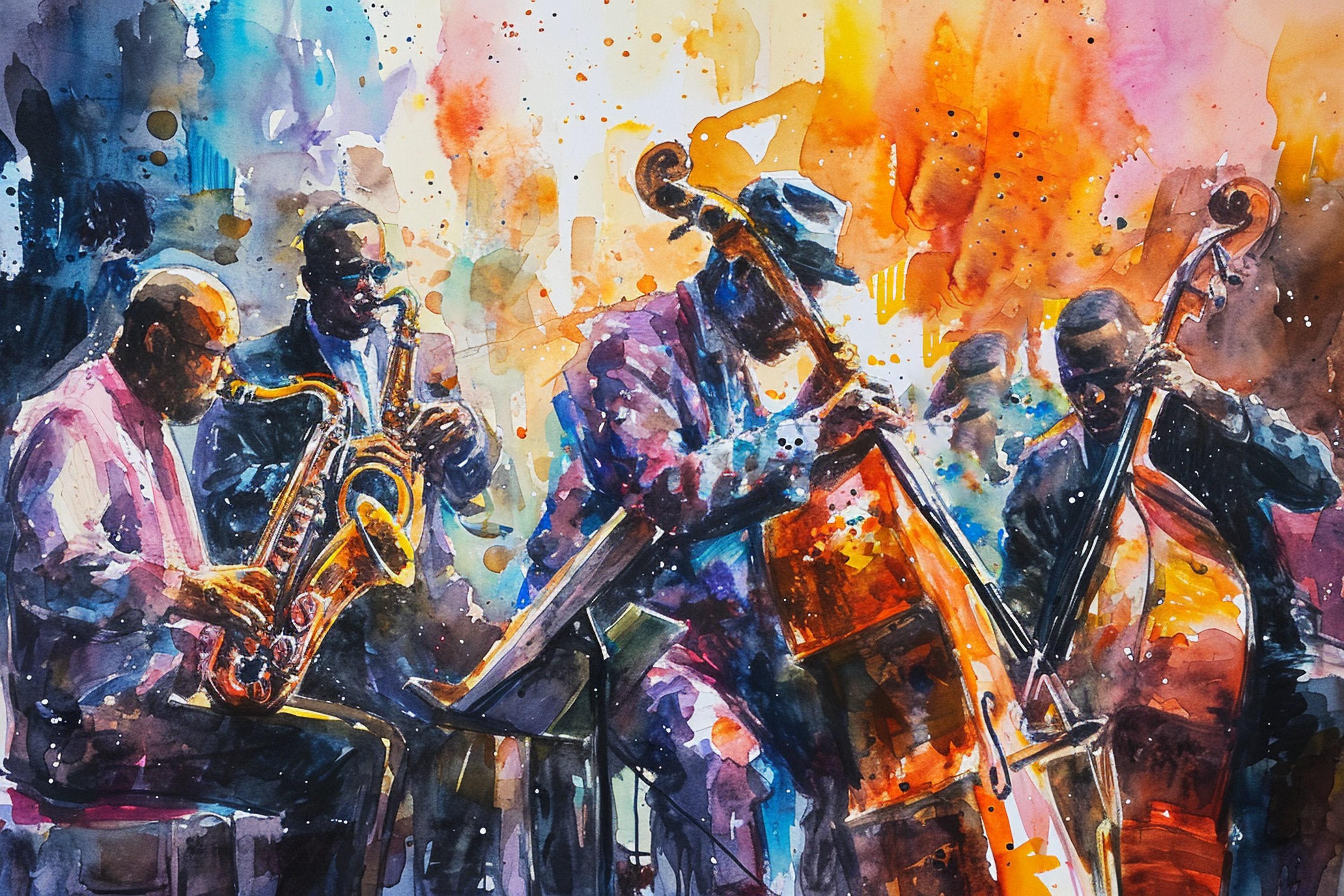 Energetic Jazz Ensemble Watercolor Wall Decor, Giclee Print on Canvas, Artist Paper, Watercolor Paper, Available in Extra Large Sizes