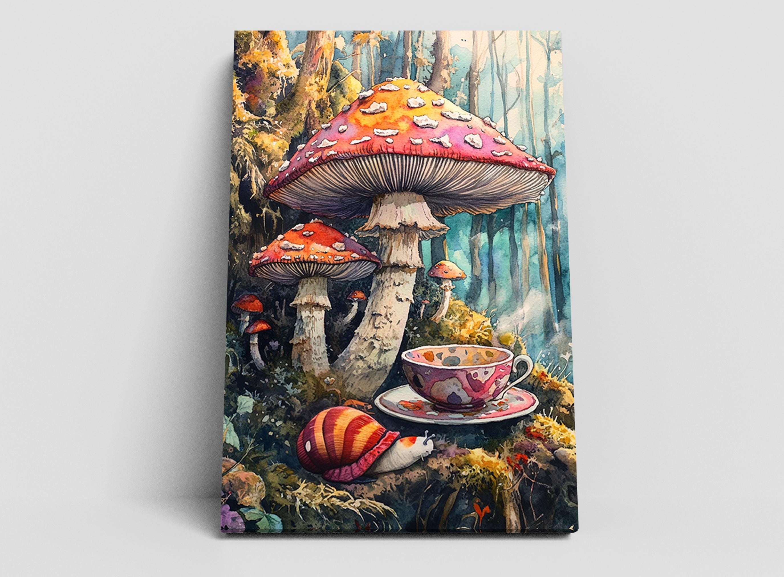 A whimsical painting depicting a snail resting on a mushroom in a lush, forested setting, with a teacup and saucer nearby.
