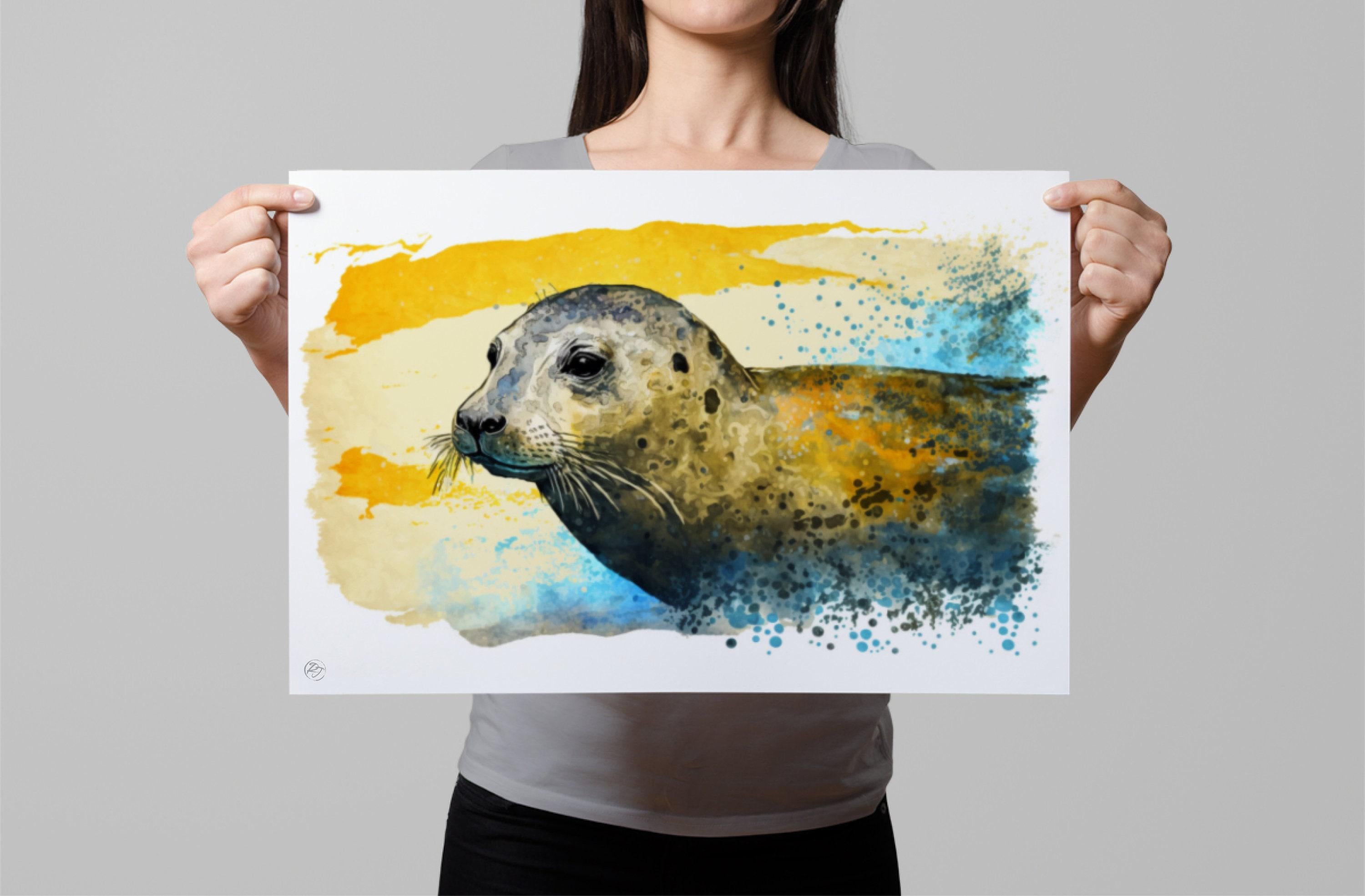 Coastal Guardian: Watercolor Seal Wall Art Print, Giclee Print on Canvas, Artist Paper, Watercolor Paper, Available in Extra Large Sizes