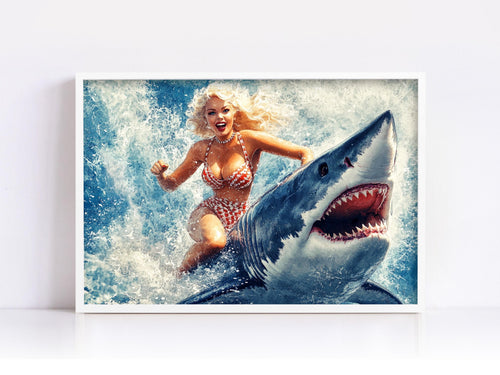 a woman in a bikini riding a shark