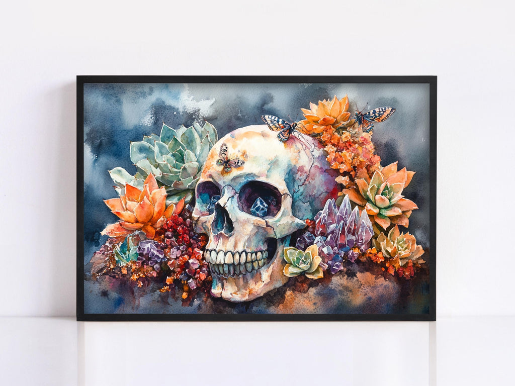 A framed painting depicting a skull surrounded by vibrant flowers and butterflies against a dark background.