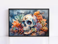 A framed painting depicting a skull surrounded by vibrant flowers and butterflies against a dark background.