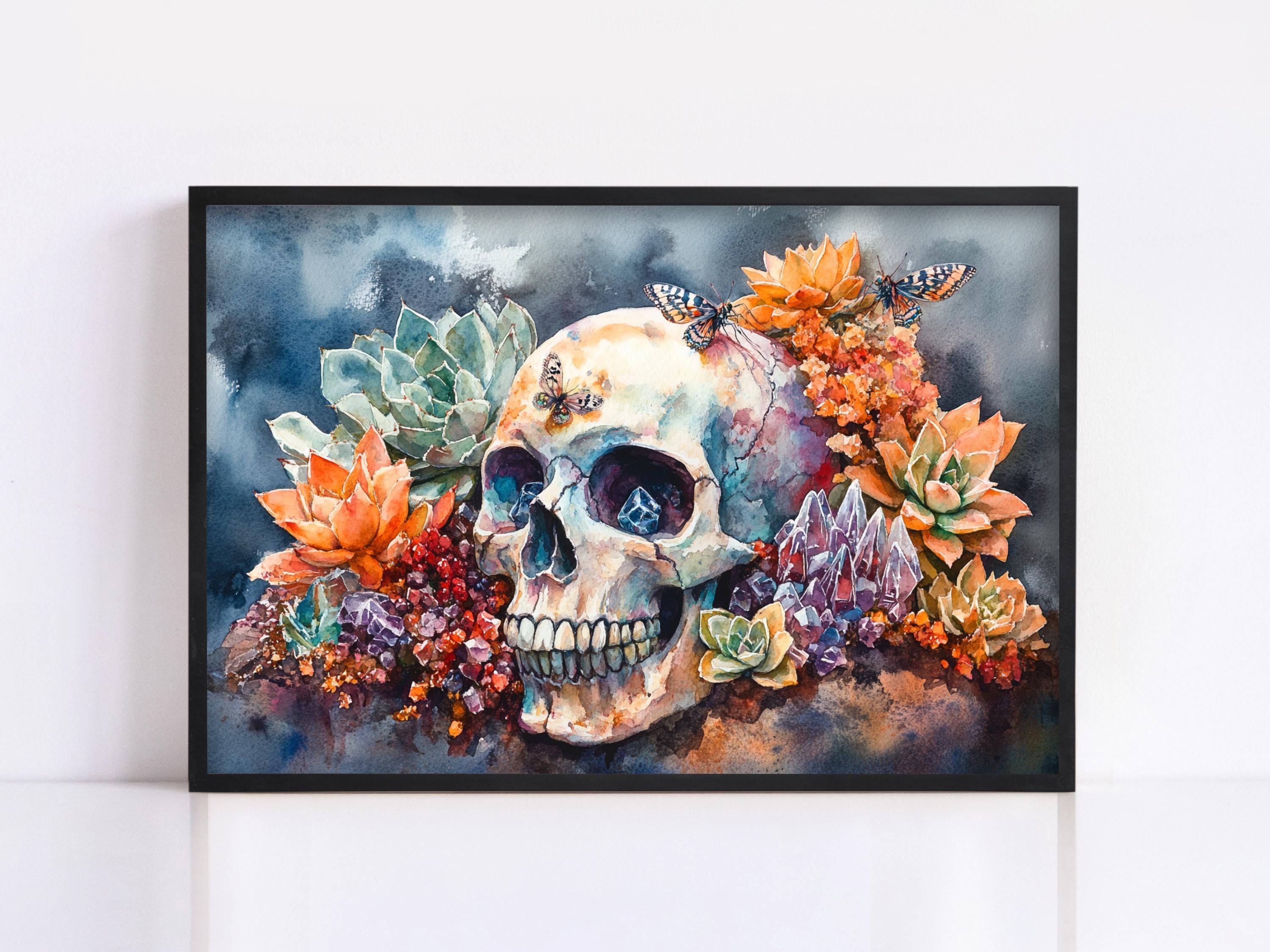 A framed painting depicting a skull surrounded by vibrant flowers and butterflies against a dark background.