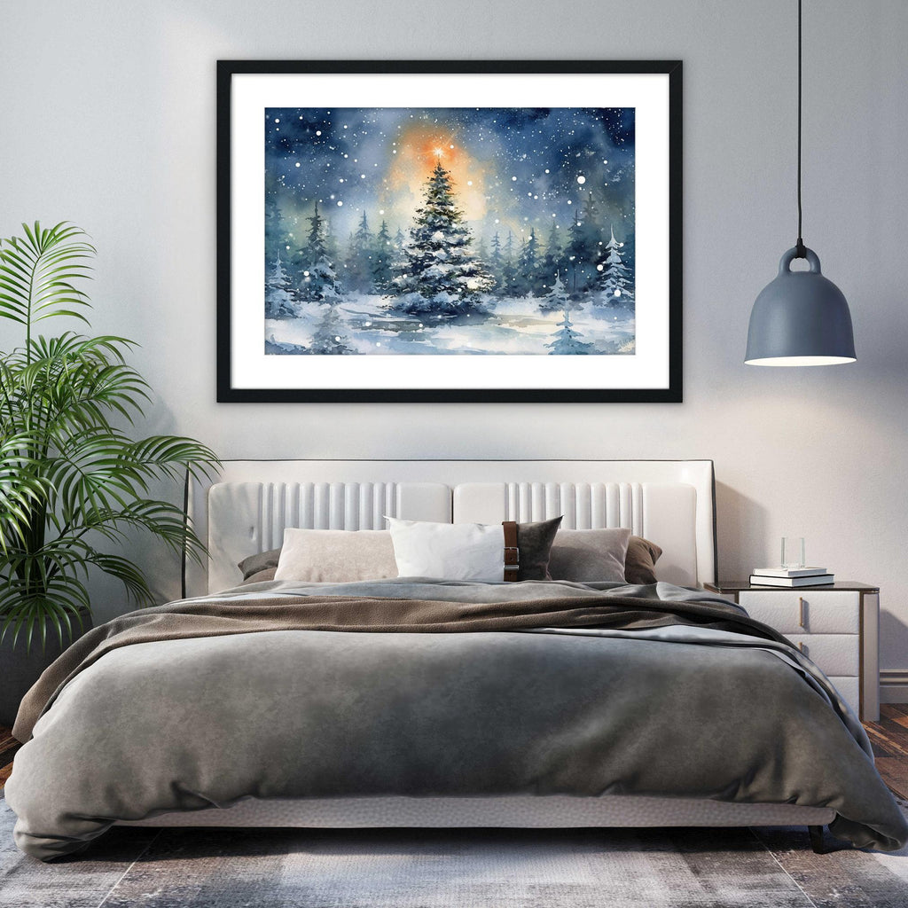 Beautiful Christmas Tree Winter Scene - Watercolor Painting, Print on Canvas, Artist Paper, Watercolor Paper, Available in Extra Large Sizes