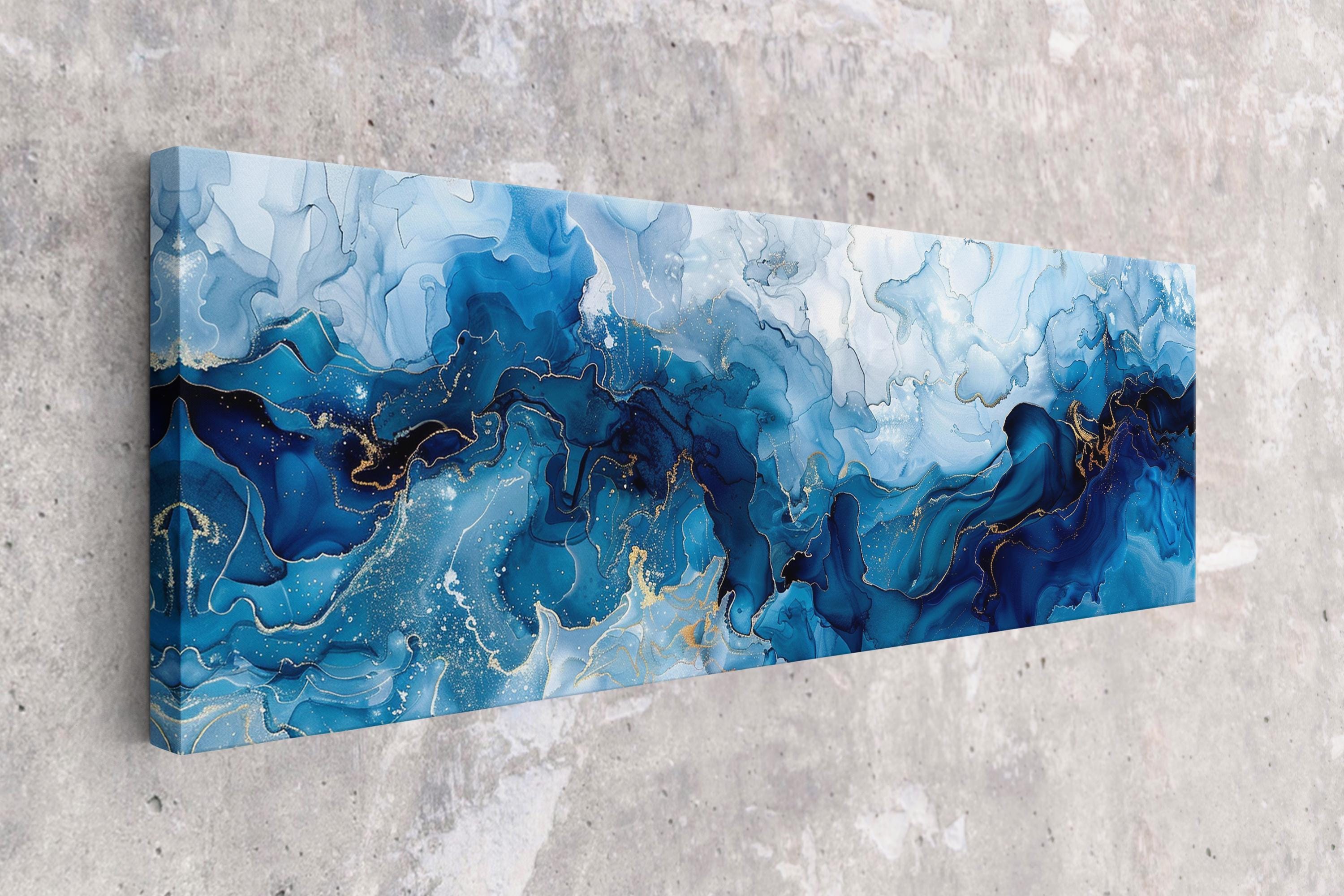 a painting of blue and gold on a wall