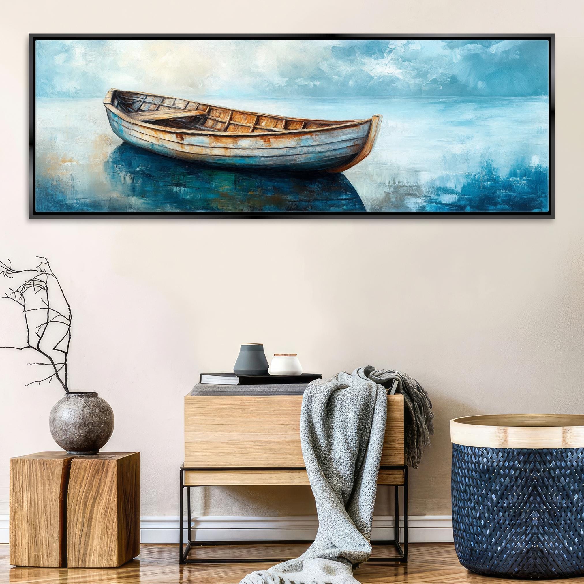 a painting of a boat on the water