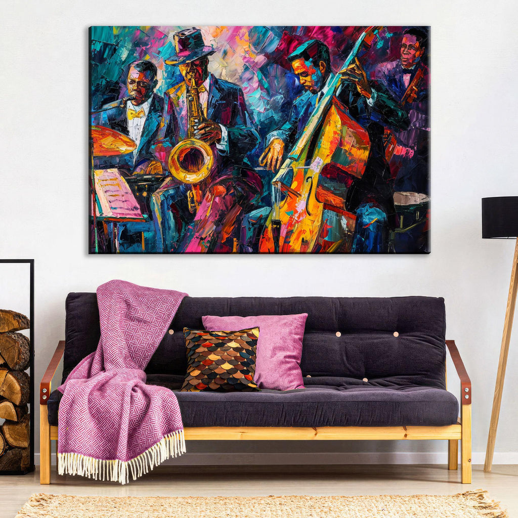 Jazz Canvas Print – Vibrant New Orleans Jazz Band Painting on Gallery Wrapped Canvas