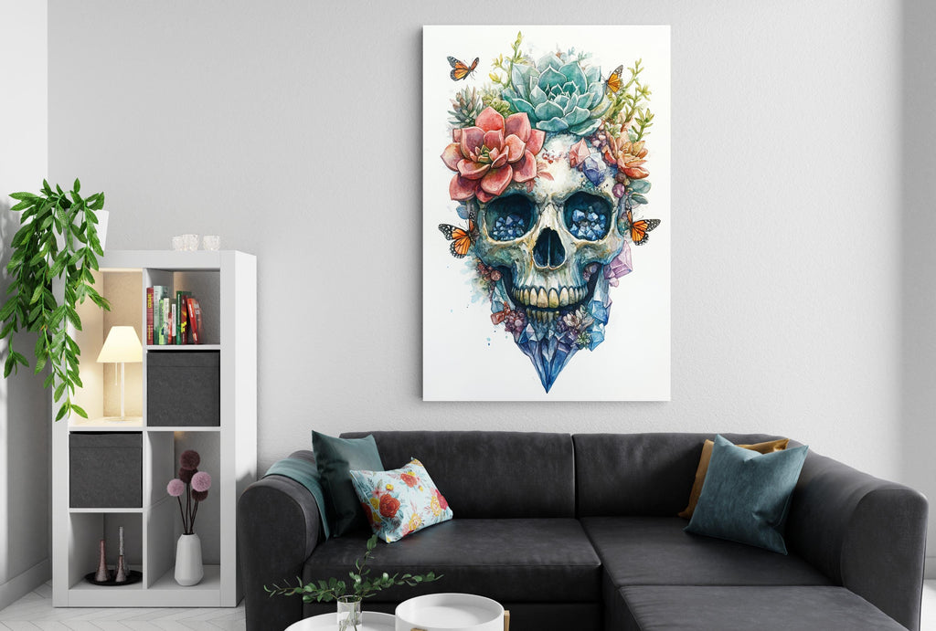 a living room with a black couch, a bookshelf, and a large wall art depicting a colorful skull with flowers and butterflies.