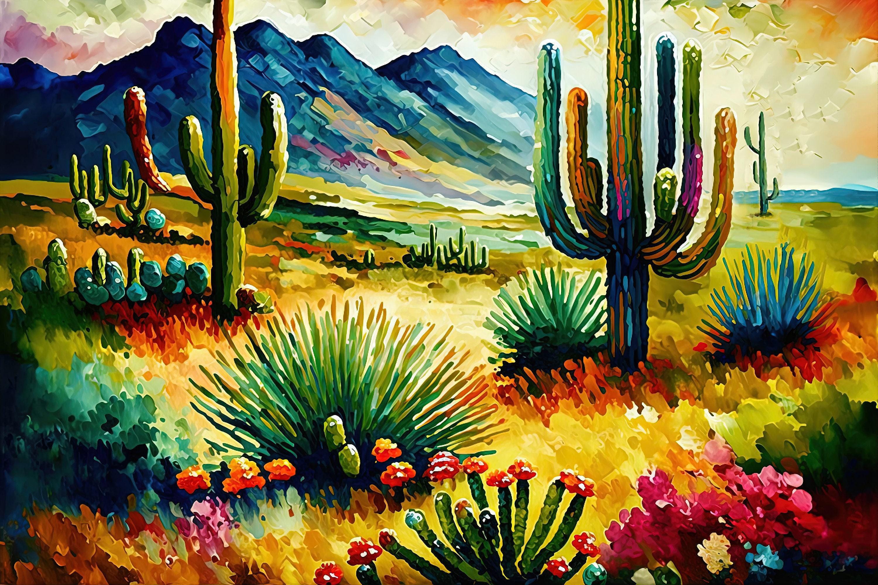 A vibrant and colorful desert landscape painting featuring a variety of cacti, succulents, and flowers in warm hues of orange, yellow, and green.