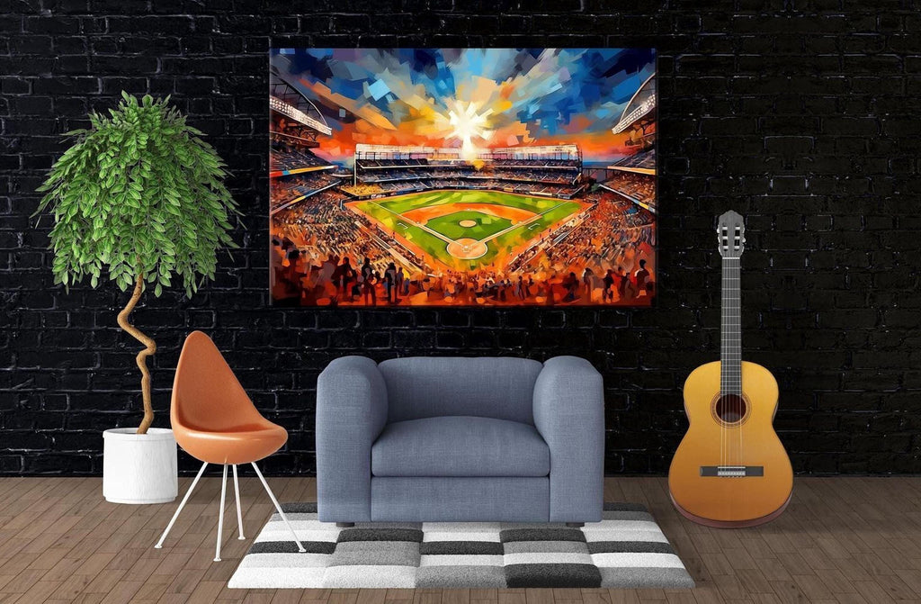 a living room with a large, colorful painting of a baseball stadium hanging on the wall. In front of the painting, there is a gray armchair and a wooden guitar. The room also has a potted plant and a rug on the floor.