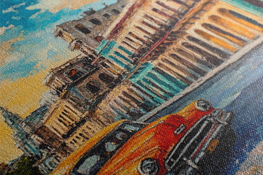 a painting of a car in front of a building
