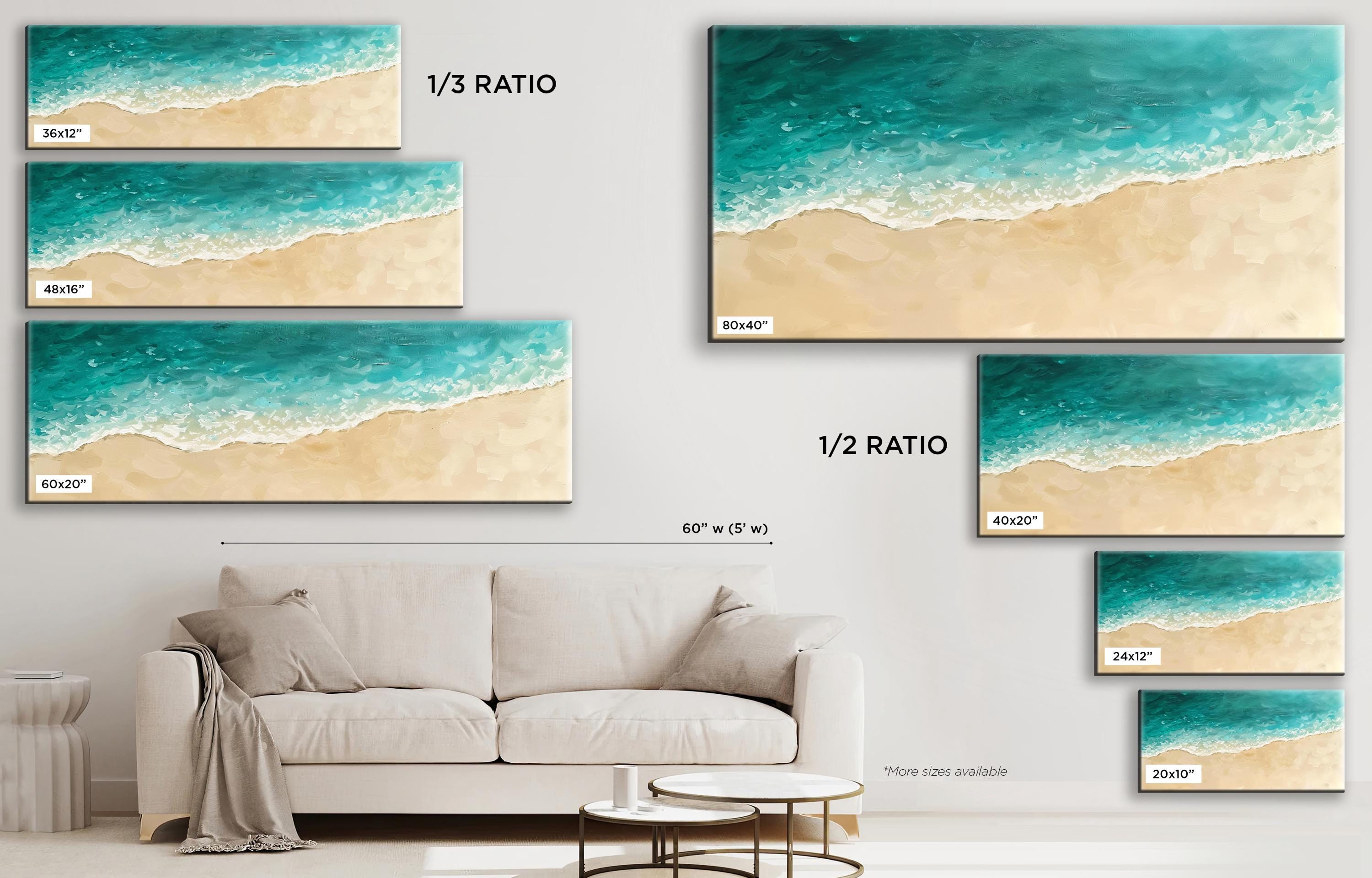 a living room with a couch, coffee table and paintings on the wall