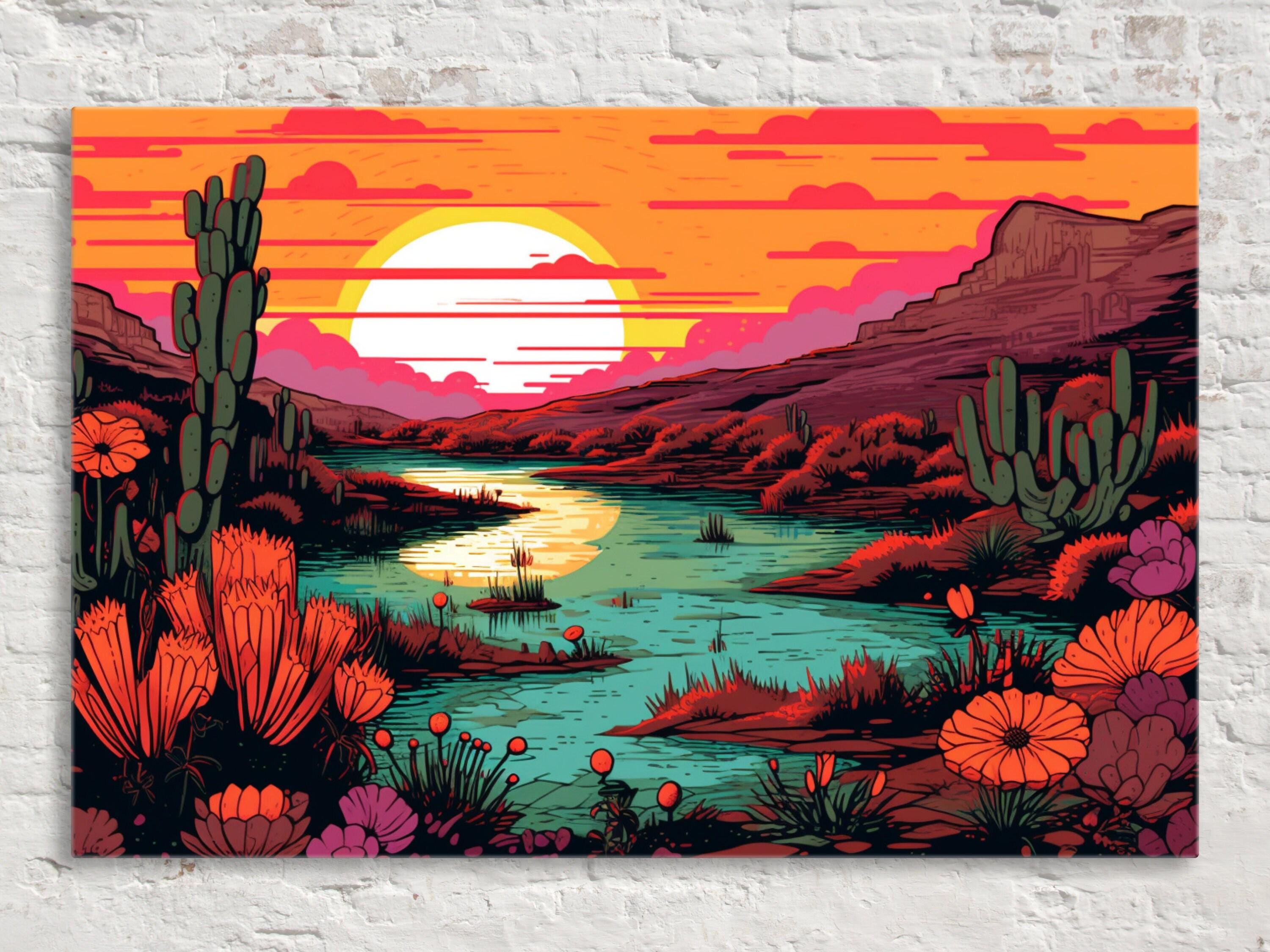 Desert Landscape Art – Linocut Style Canvas | Gallery Wrapped Ready to Hang
