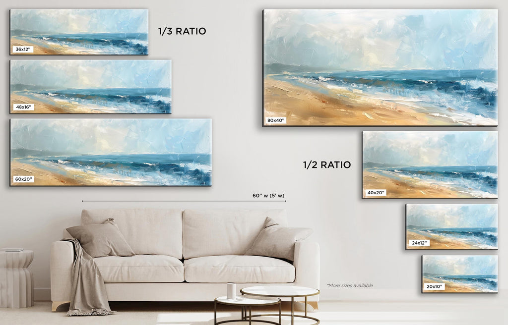 a living room with a white couch and a painting on the wall