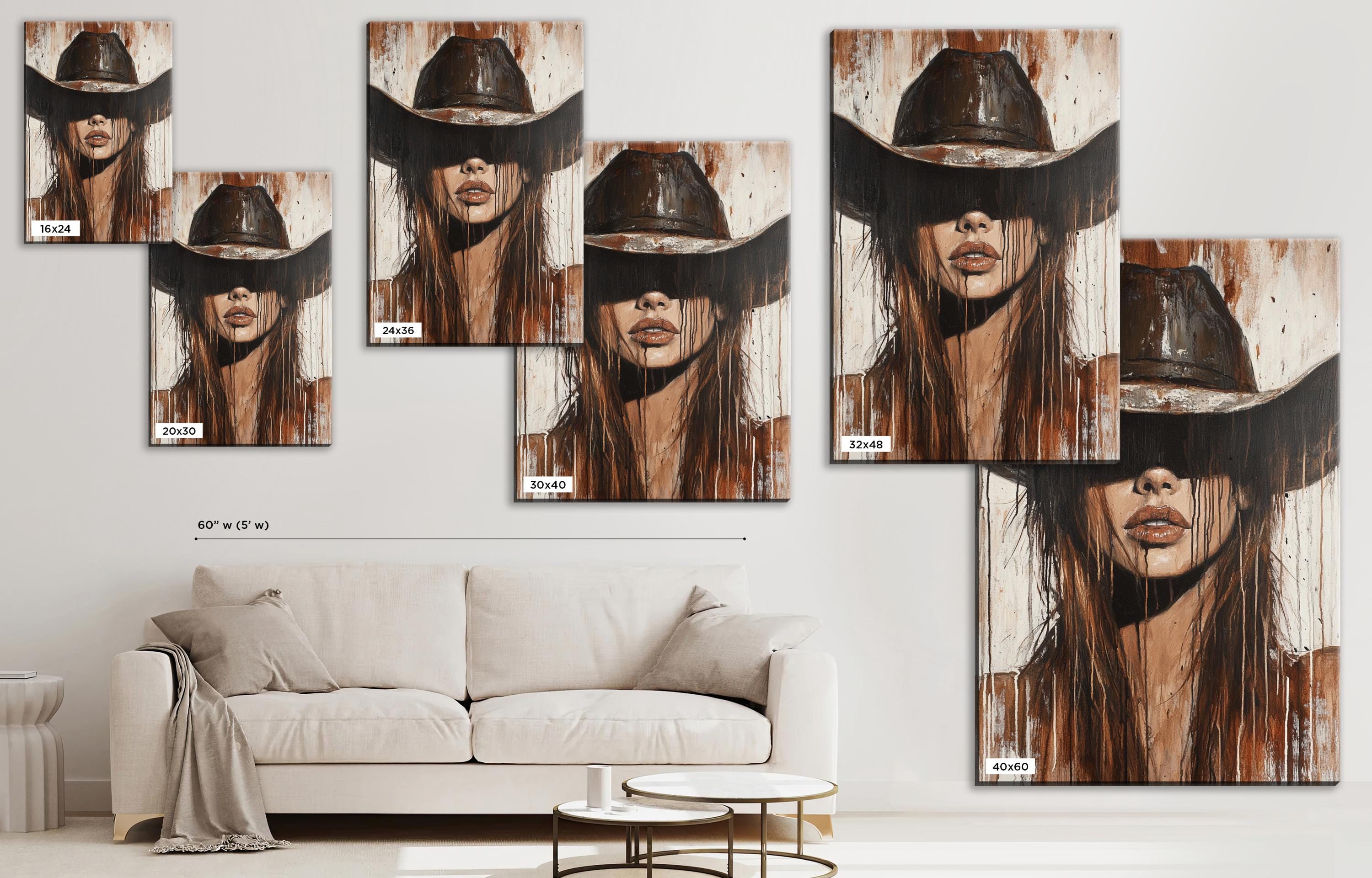 a living room with a couch and a painting of a woman wearing a cowboy hat
