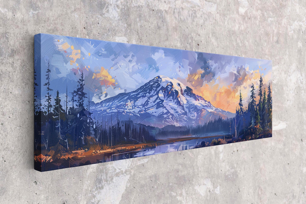 a painting of a mountain with a lake in the foreground