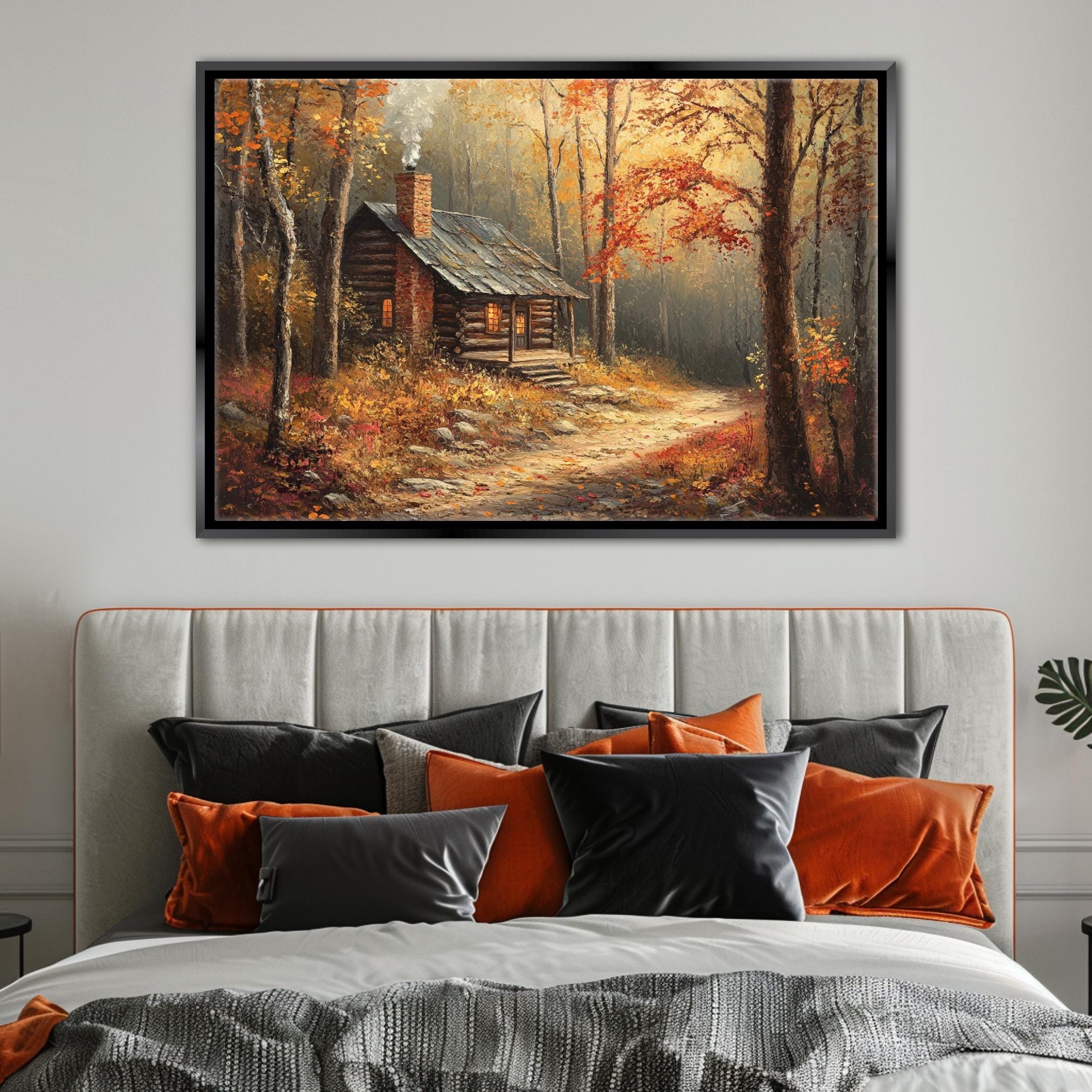 a cozy cabin nestled in a forest, surrounded by vibrant autumn foliage.