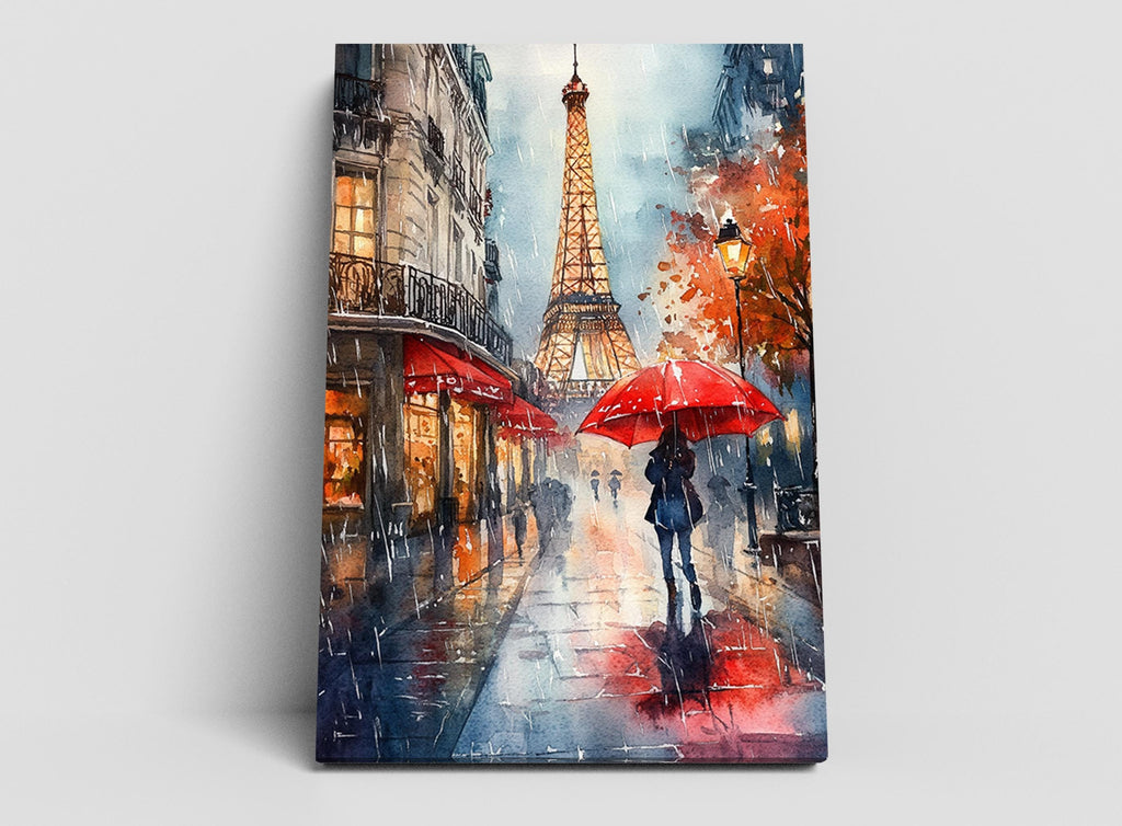 A woman walks down a rainy street in Paris, holding a red umbrella, with the Eiffel Tower visible in the background.