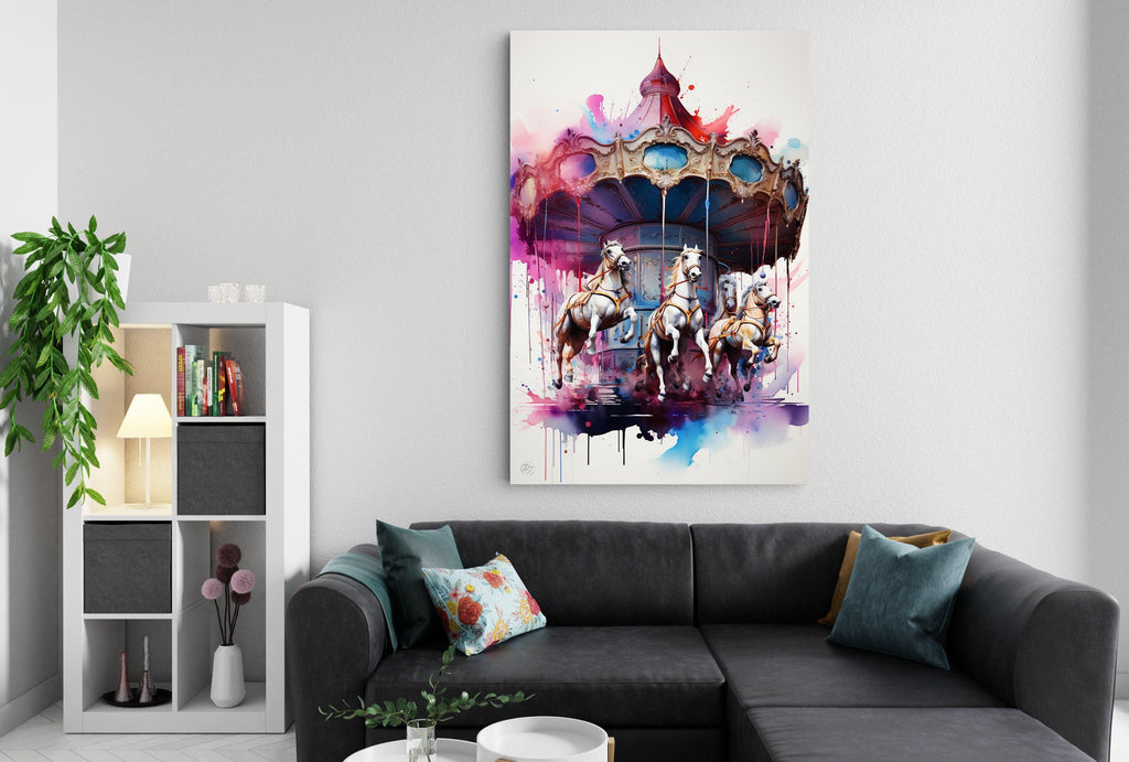 Whimsical Carousel: Watercolor Carnival Wall Art, Giclee Print on Canvas, Artist Paper, Watercolor Paper, Available in Extra Large Sizes