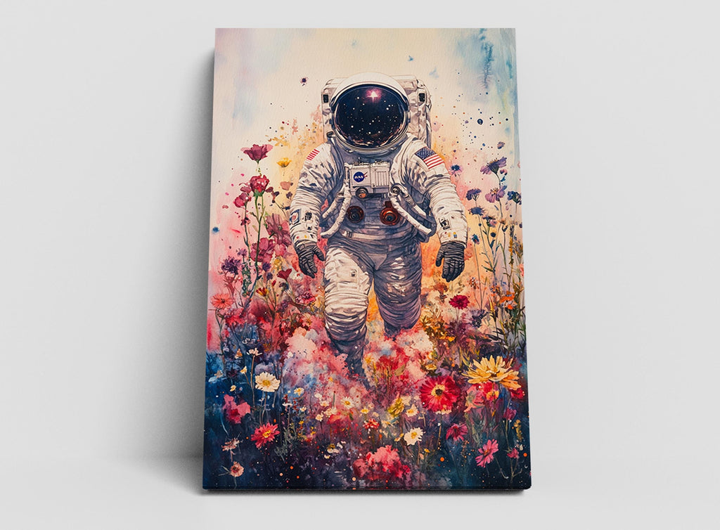An astronaut in a spacesuit is floating in a colorful, flower-filled field.