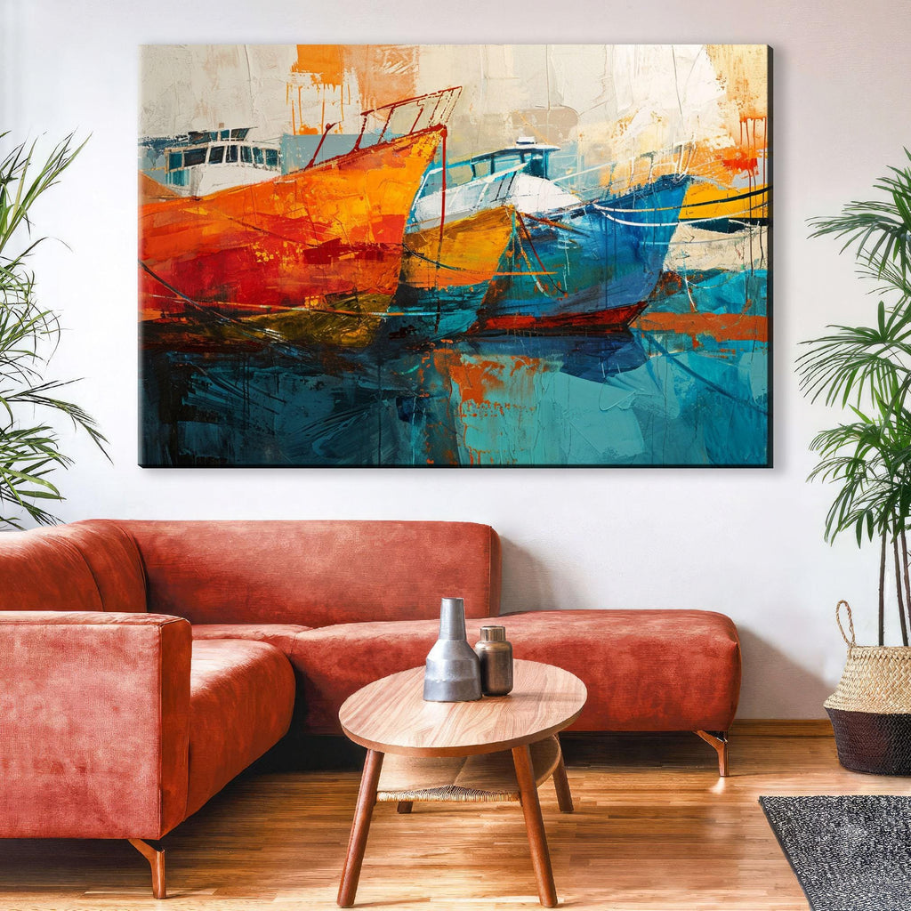 Nautical Canvas Art - Large Sailboat Canvas Print | Blue Orange Harbor Scene