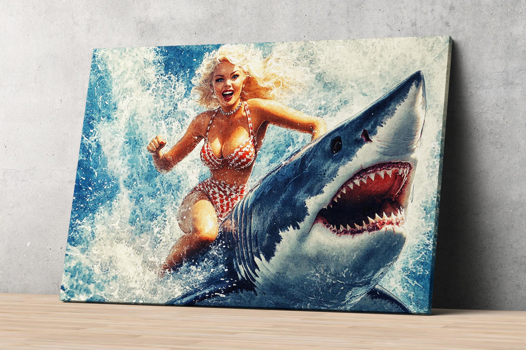 a painting of a woman in a bikini riding a shark