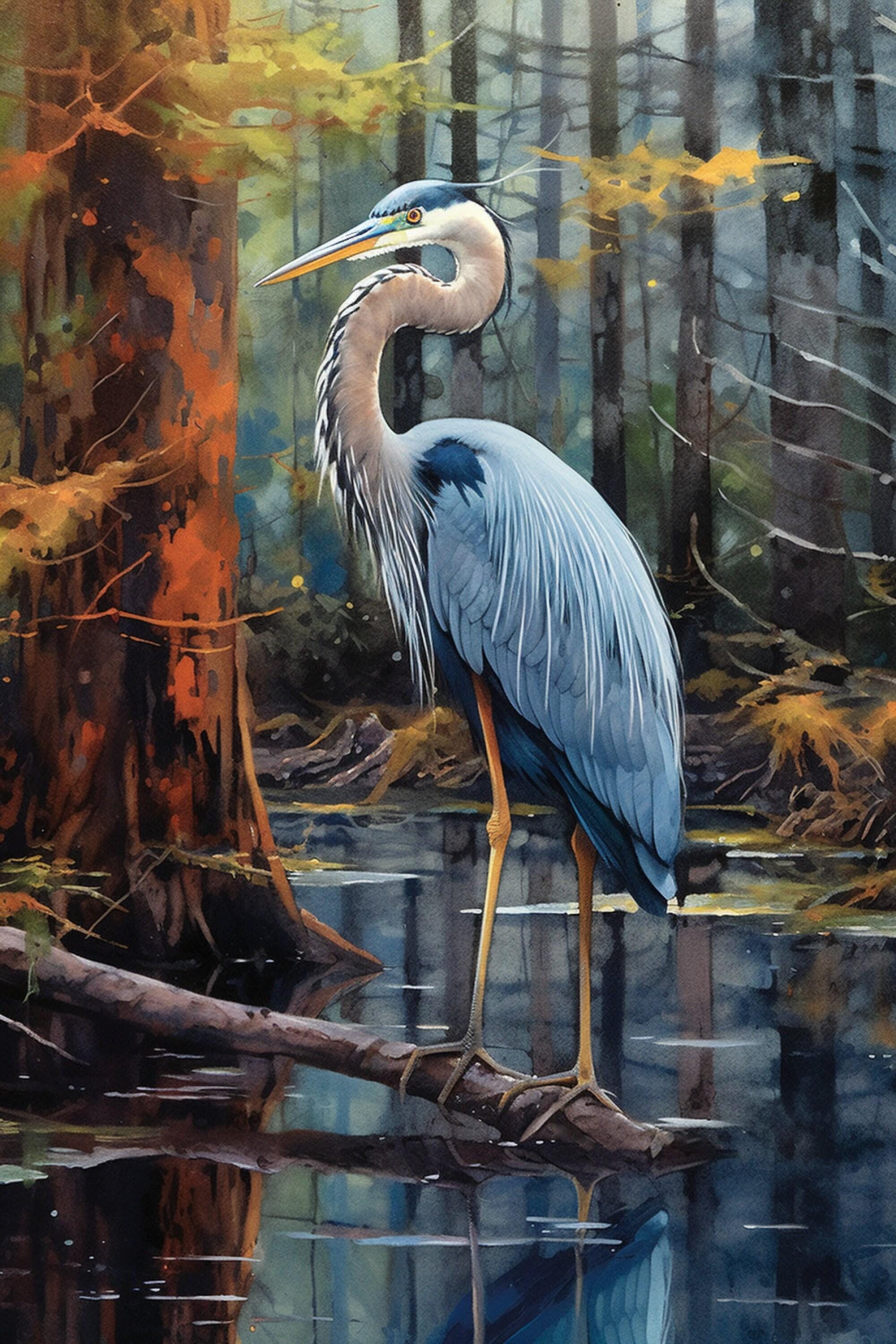 Blue Heron Watercolor Bird Print for Home Decor, Giclee Print on Canvas, Artist Paper, Watercolor Paper, Available in Extra Large Sizes