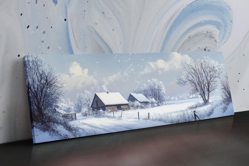 a painting of a snowy landscape with a barn