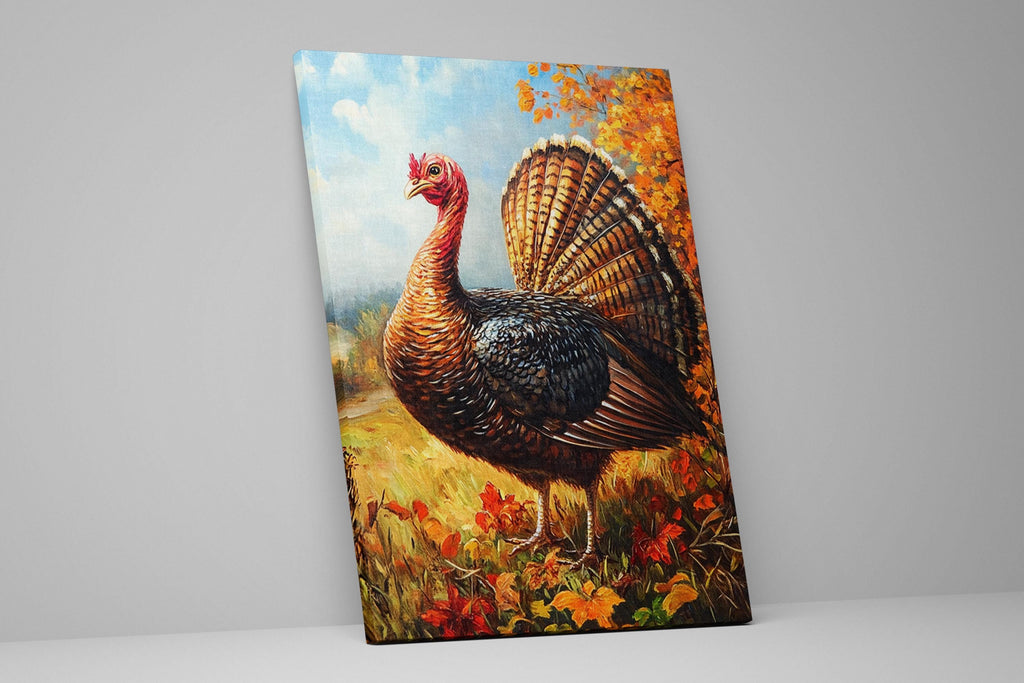 a vibrant painting of a turkey standing in a field of flowers, with its feathers displaying a mix of orange, black, and white colors.