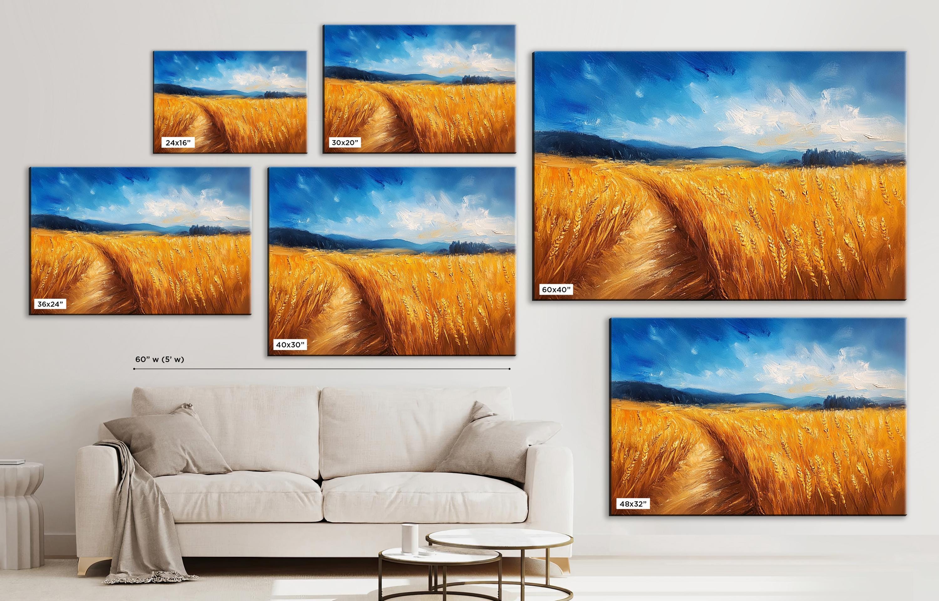 The image is a collage of six paintings depicting a scenic landscape with a field of golden wheat under a blue sky with clouds.