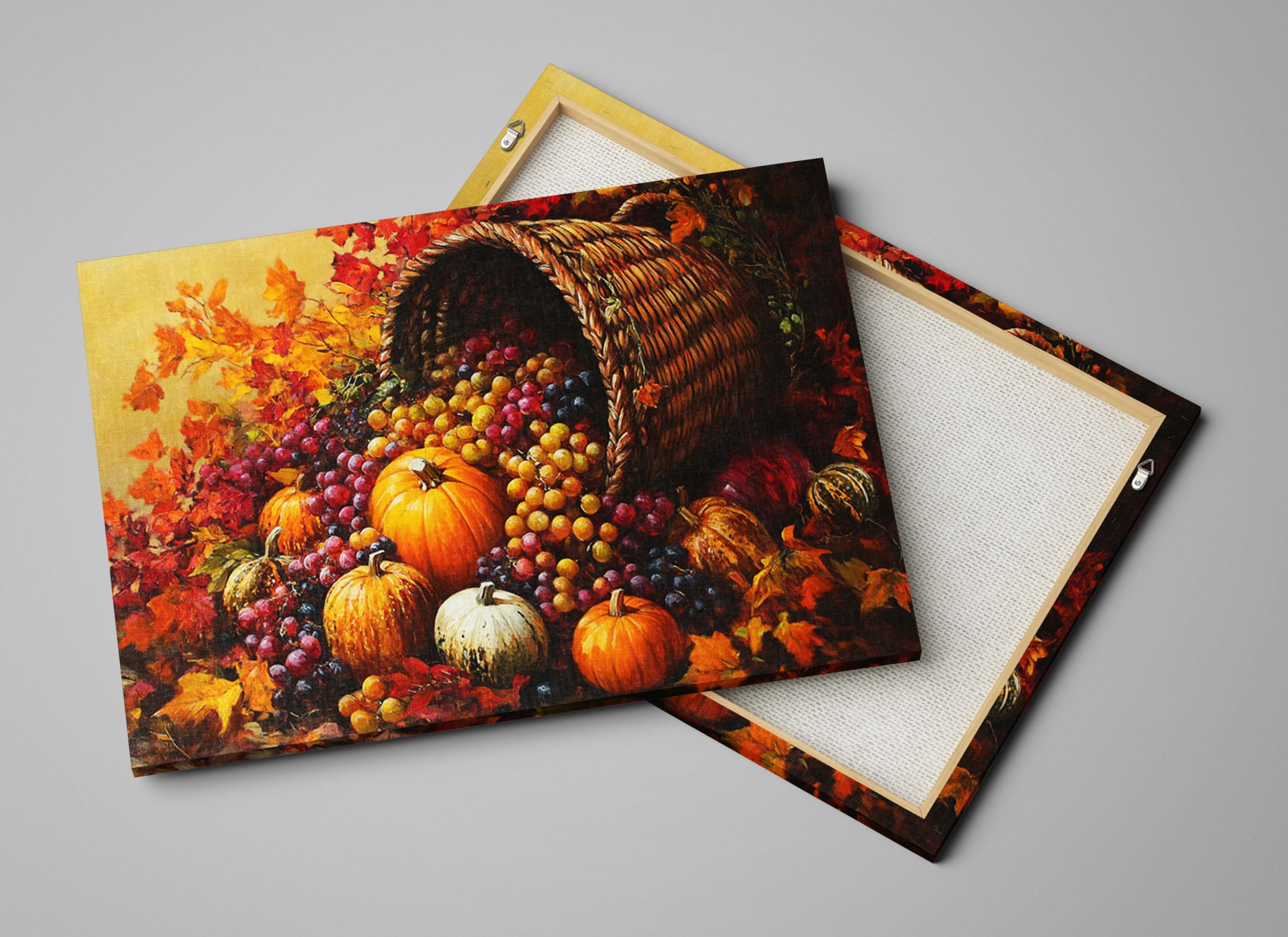 a basket overflowing with a variety of fruits, including pumpkins, grapes, and apples, set against a backdrop of autumn leaves.