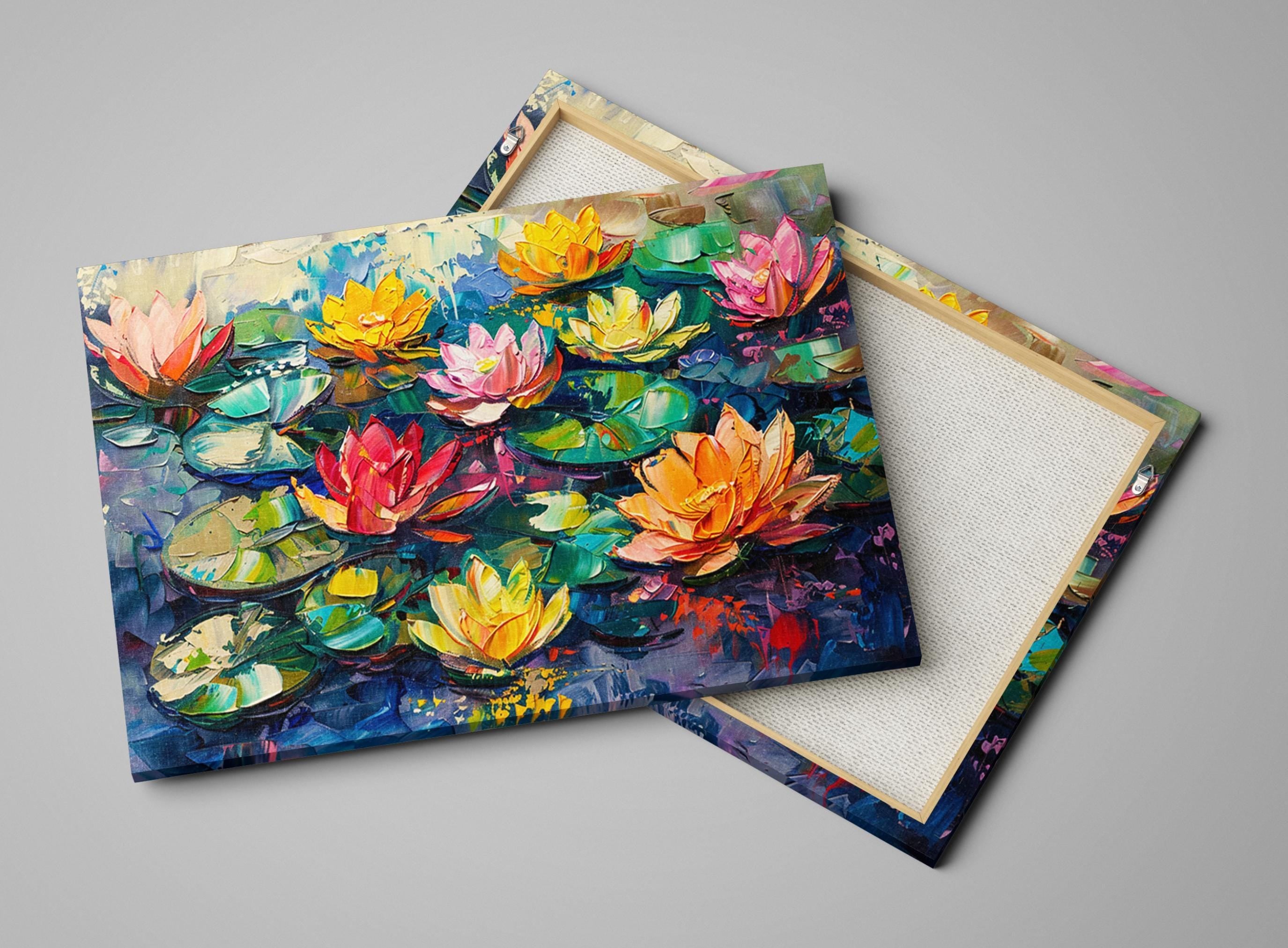 Water Lilies Canvas | Large Canvas Art - Oversized Botanical Wall Art in Impasto Painting Style