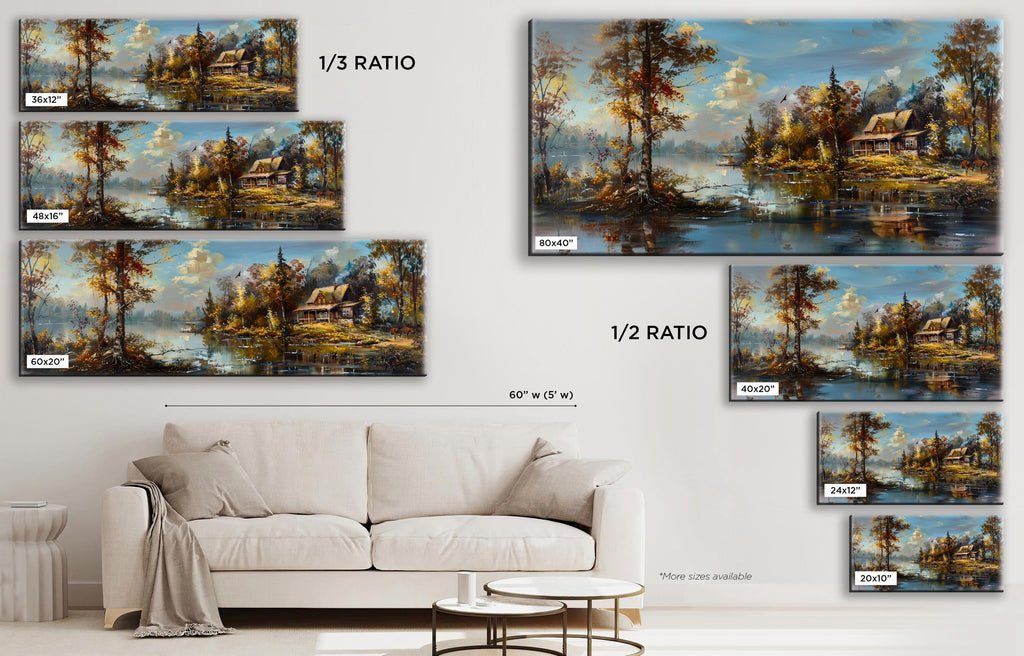 a living room with a white couch and paintings on the wall