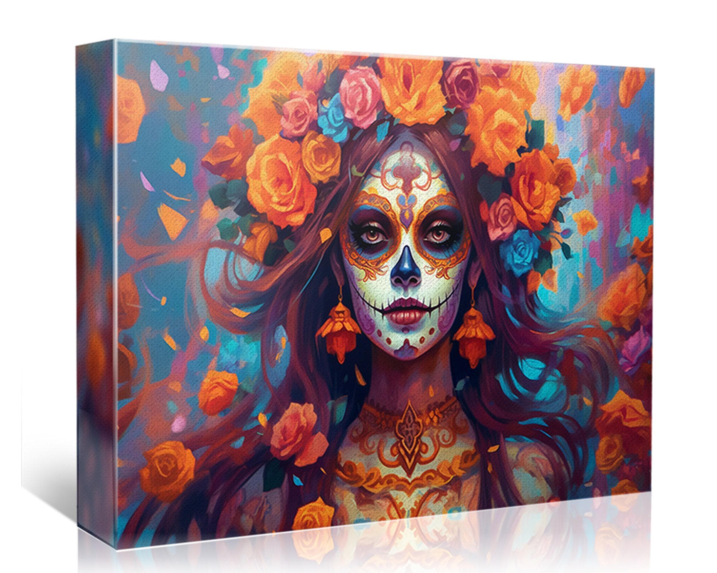 A colorful and intricate digital illustration depicting a woman with a sugar skull face surrounded by vibrant flowers and a floral headdress.