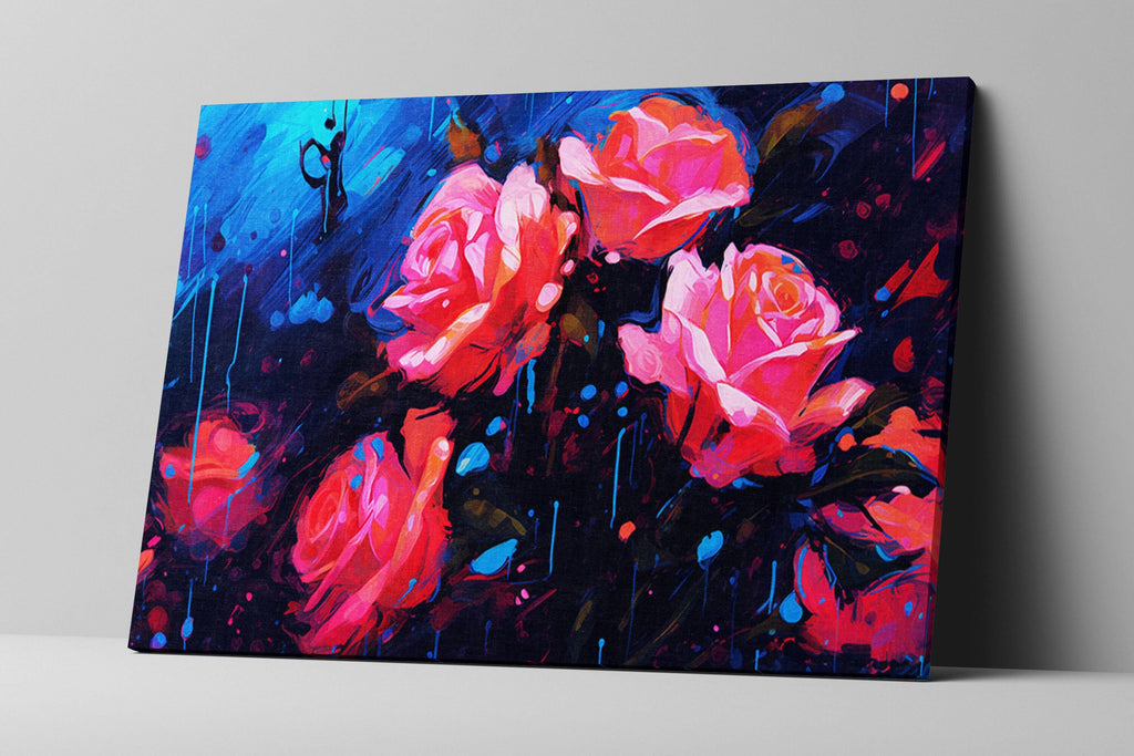 Abstract Roses Canvas | Extra Large Floral Wall Decor - Vibrant Paint Drip Artwork