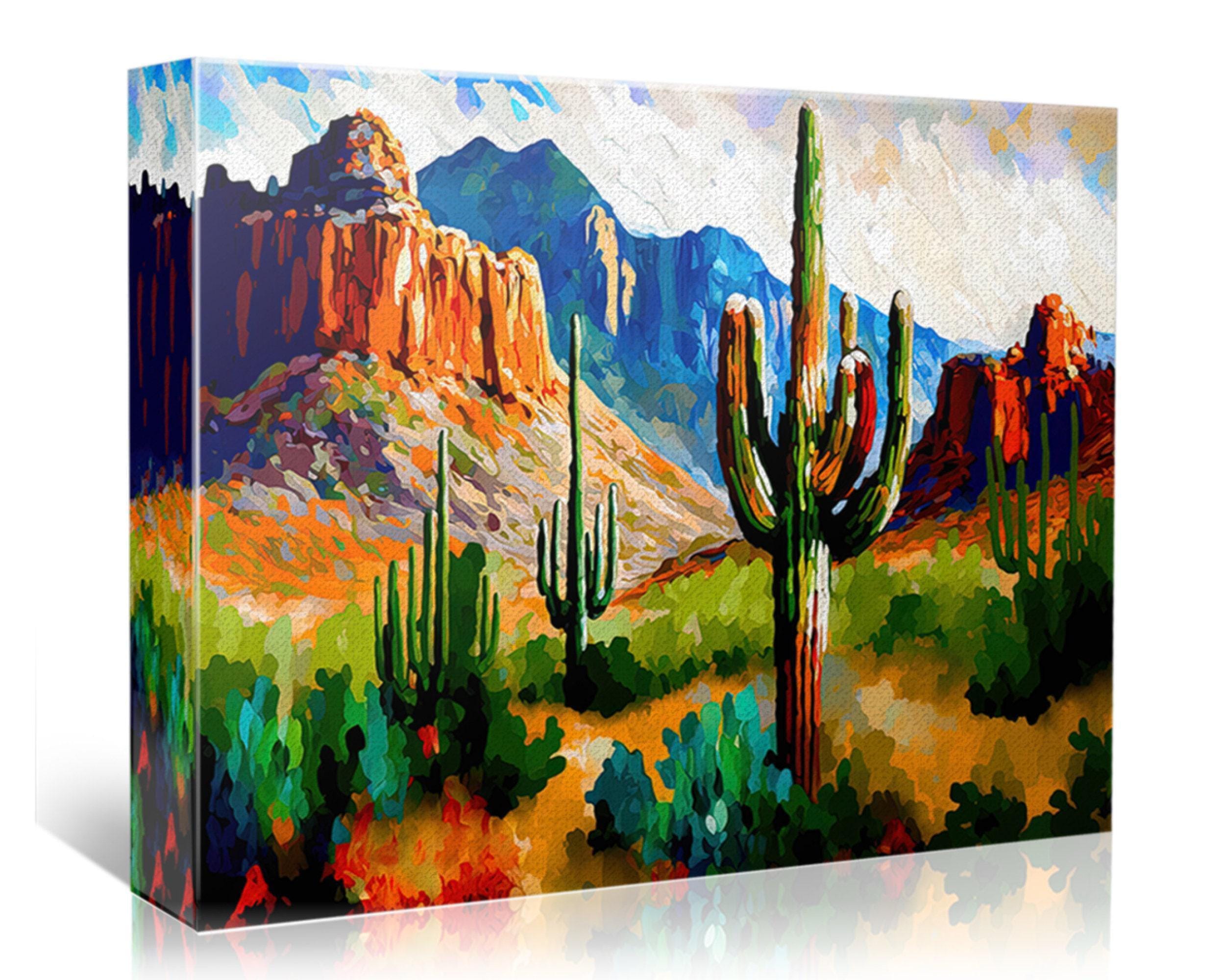 The image is a vibrant painting depicting a desert landscape with towering mountains in the background and a variety of cacti and shrubs in the foreground.