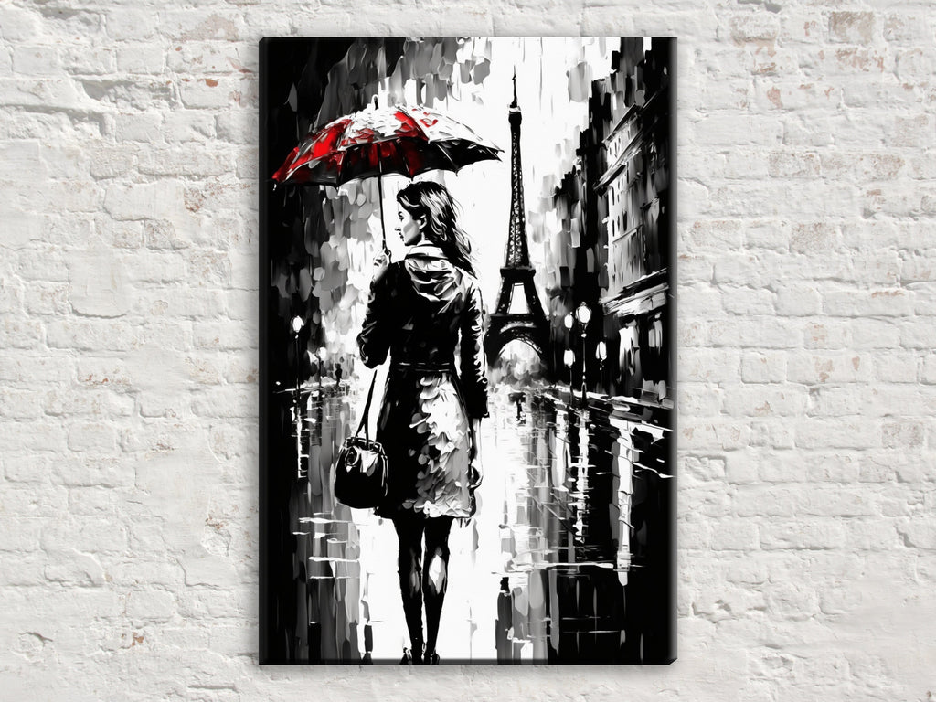 Parisian Cityscape Canvas – Monochrome Wall Art With Red Umbrella, Vintage Paris Print