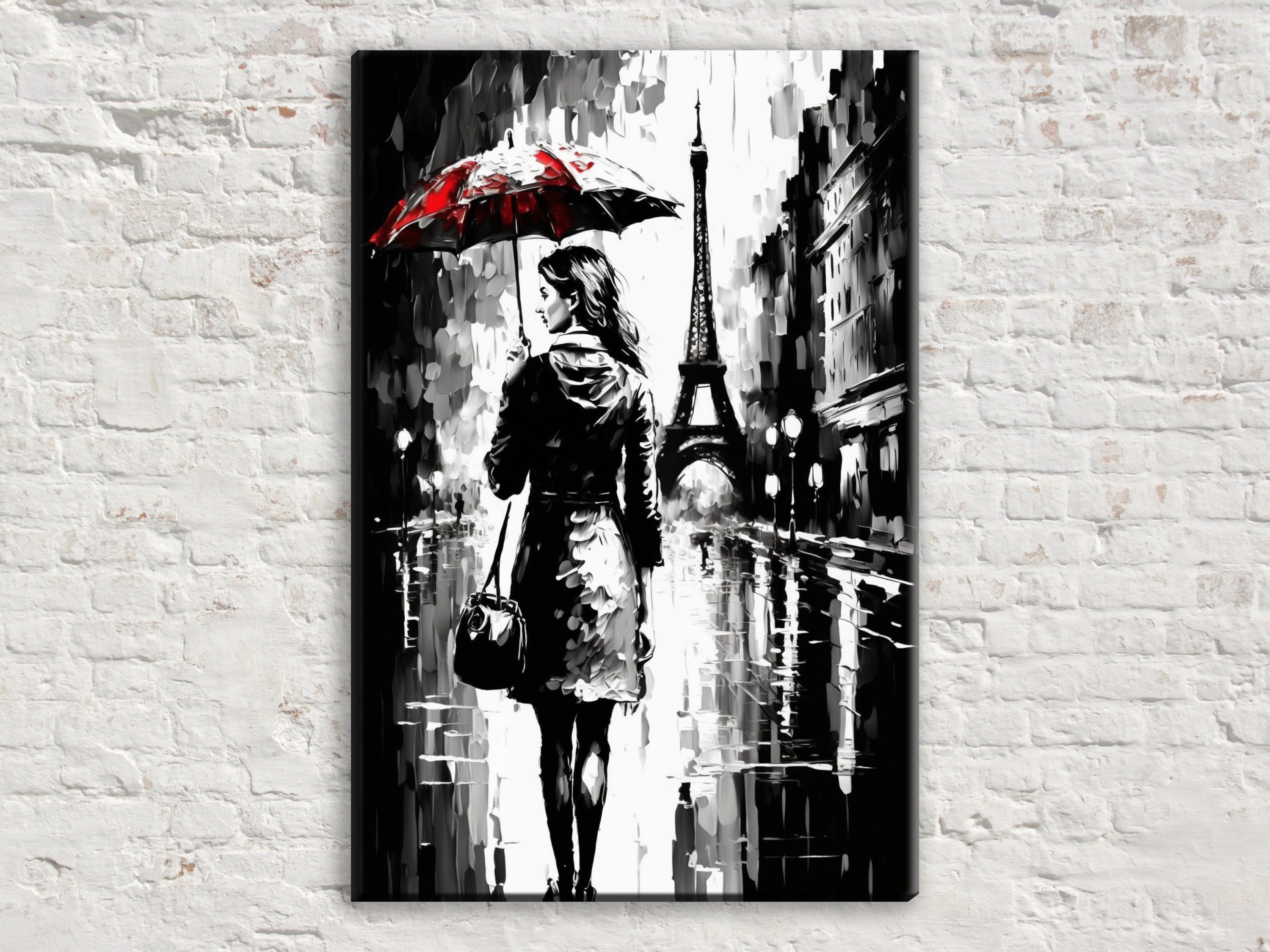 Parisian Cityscape Canvas – Monochrome Wall Art With Red Umbrella, Vintage Paris Print