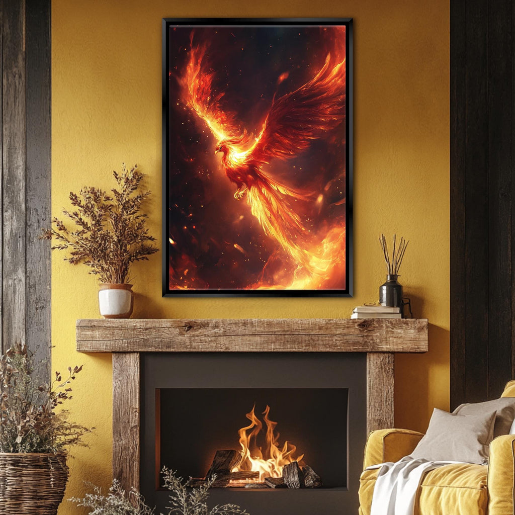 a living room with yellow walls and a fire place