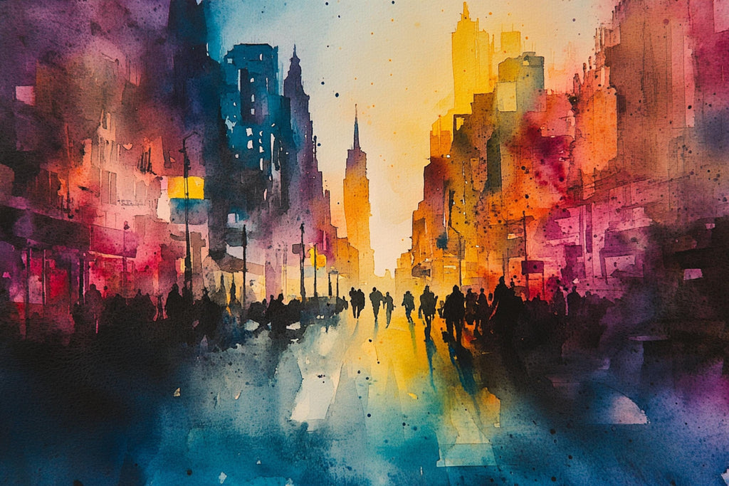 The image is a vibrant watercolor painting depicting a bustling city street scene with tall buildings, people, and a warm, colorful atmosphere.