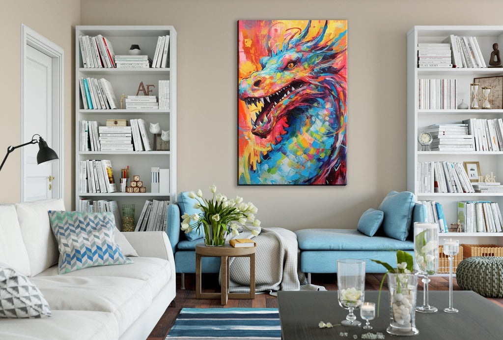 Dragon Canvas Art - Large Pop Art Painting on Gallery Ready Canvas for Fantasy Wall Decor