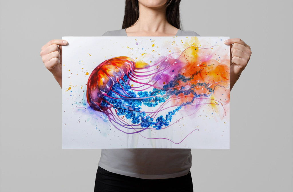 Jellyfish Watercolor Painting Wall Art, Giclee Print on Canvas, Artist Paper, Watercolor Paper, Available in Extra Large Sizes
