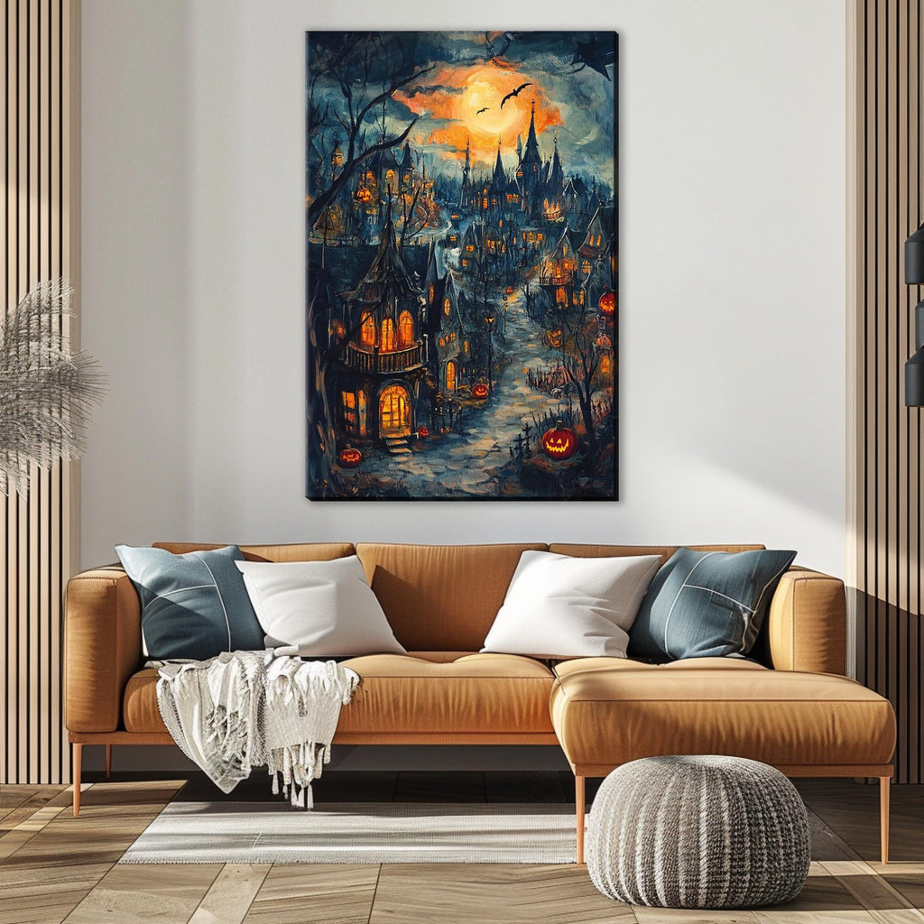 Halloween Town Canvas - Extra Large Framed Wall Art | Spooky Seasonal Decor