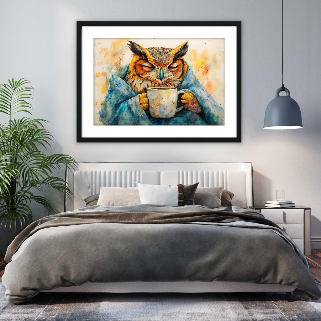 a cozy bedroom scene with a large bed, a framed painting of an owl drinking from a mug, and a potted plant on the left side of the room.