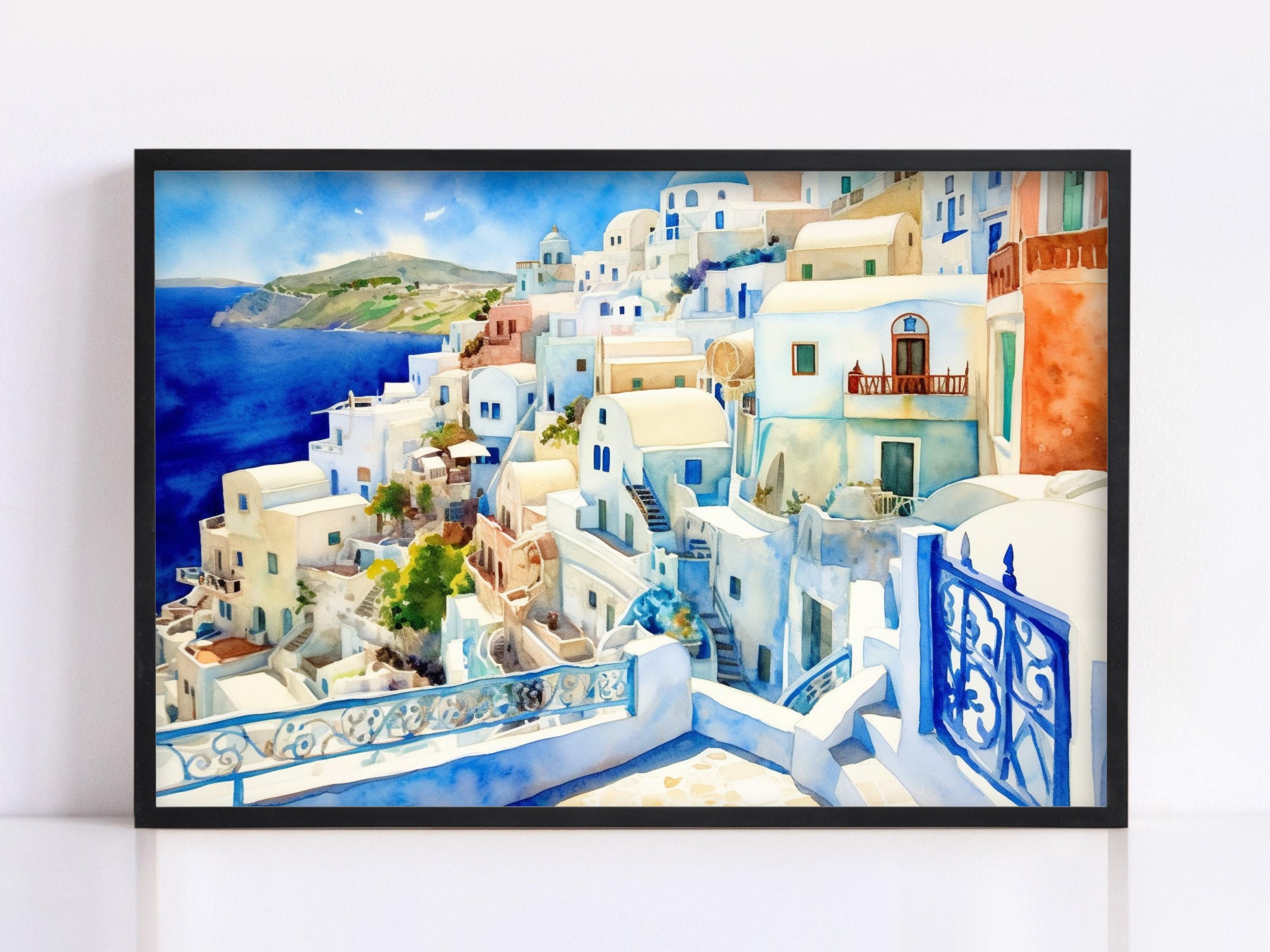 Santorini Village Watercolor, Coastal Greece Art, Giclee Print on Canvas, Artist Paper, Watercolor Paper, Available in Extra Large Sizes