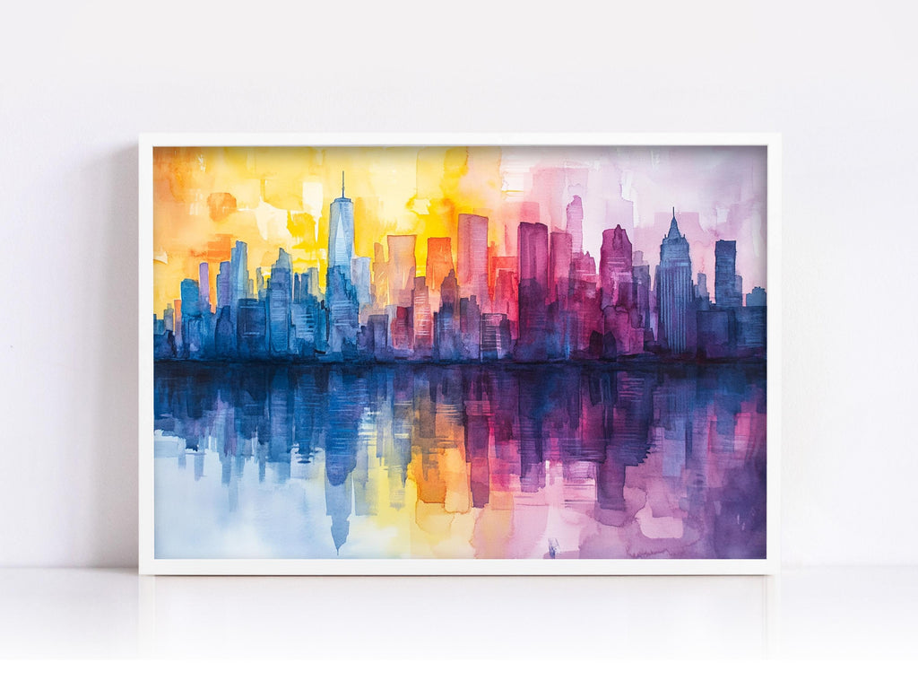 The image is a vibrant watercolor painting depicting a city skyline with a reflection in the water below. The painting features a variety of colors, including shades of blue, yellow, and purple, creating a visually striking and dynamic scene.