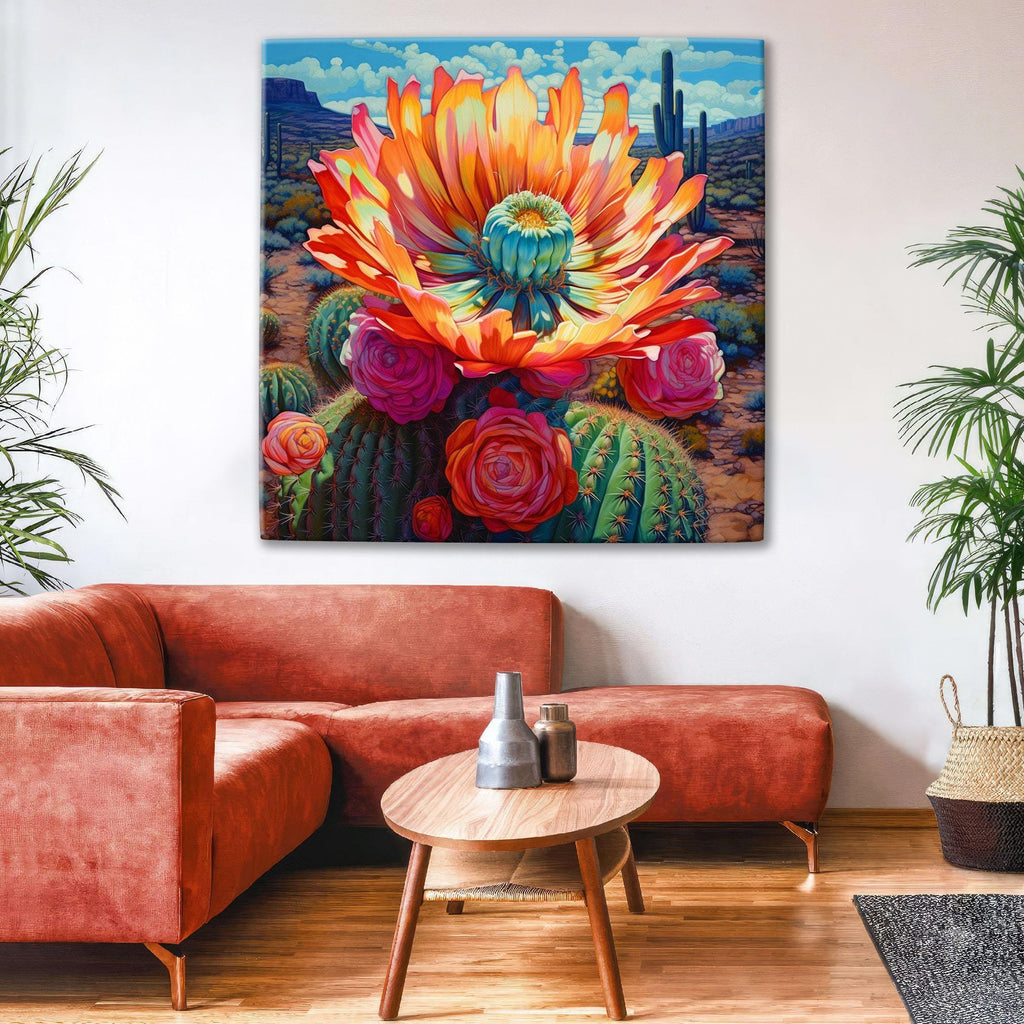 a large, vibrant painting of a cactus with a large, colorful flower at its center, hanging on a wall above a red sofa in a cozy living room setting.