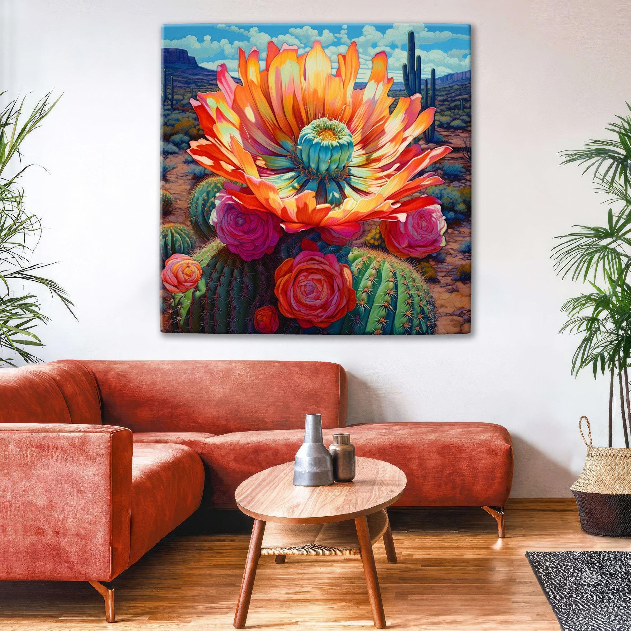 a large, vibrant painting of a cactus with a large, colorful flower at its center, hanging on a wall above a red sofa in a cozy living room setting.