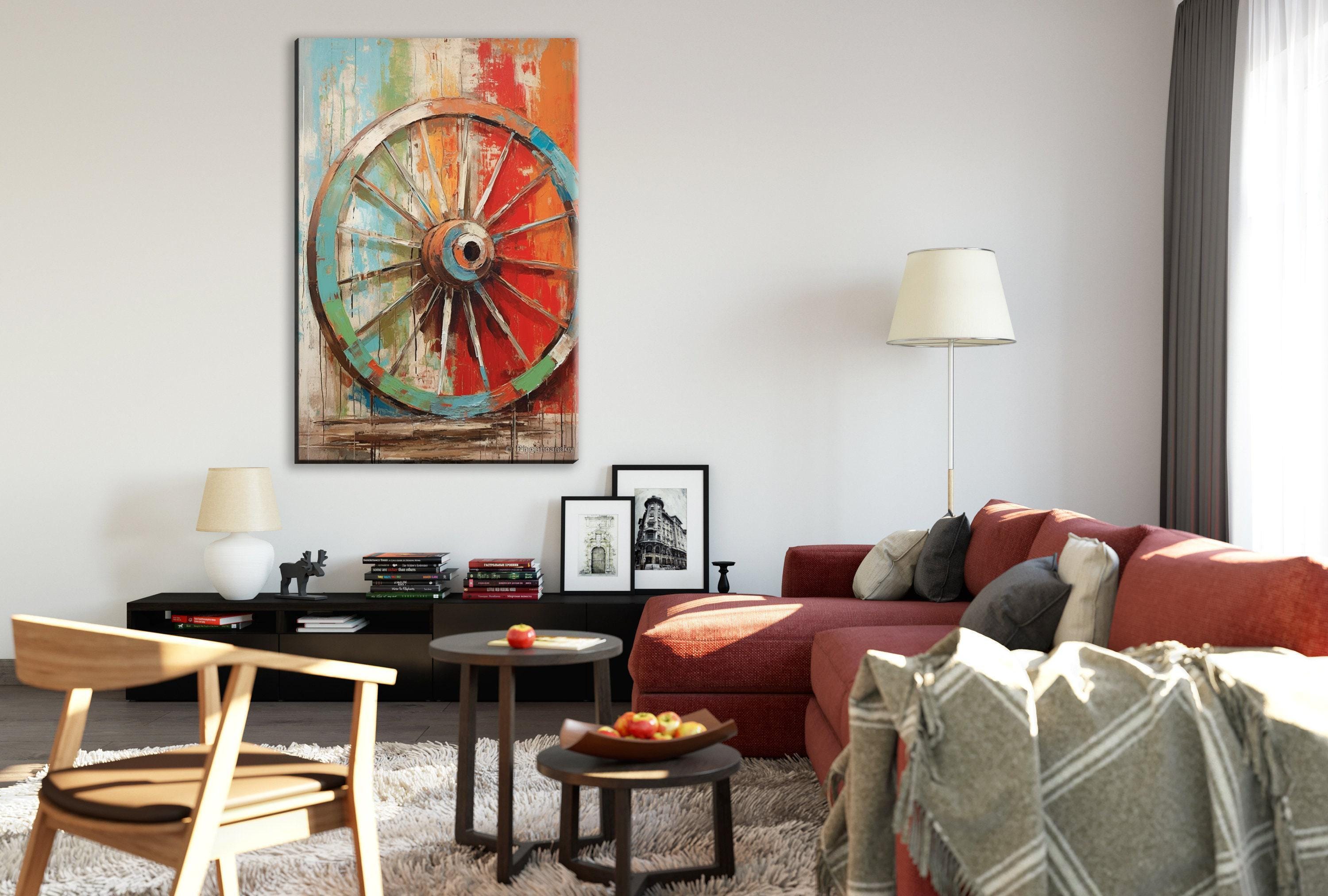 Wagon Wheel Wall Art – Rustic Elegance Farmhouse Canvas Art, Large Gallery Wrapped Print